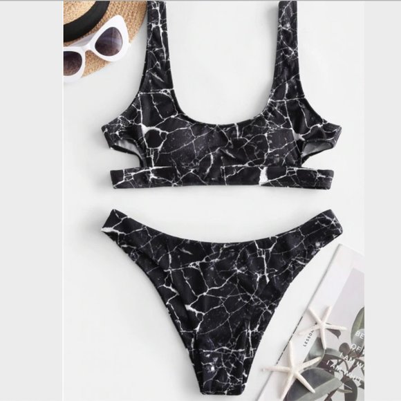 Zaful Other - ZAFUL Marble Print Cutout Ribbed Bikini NWT